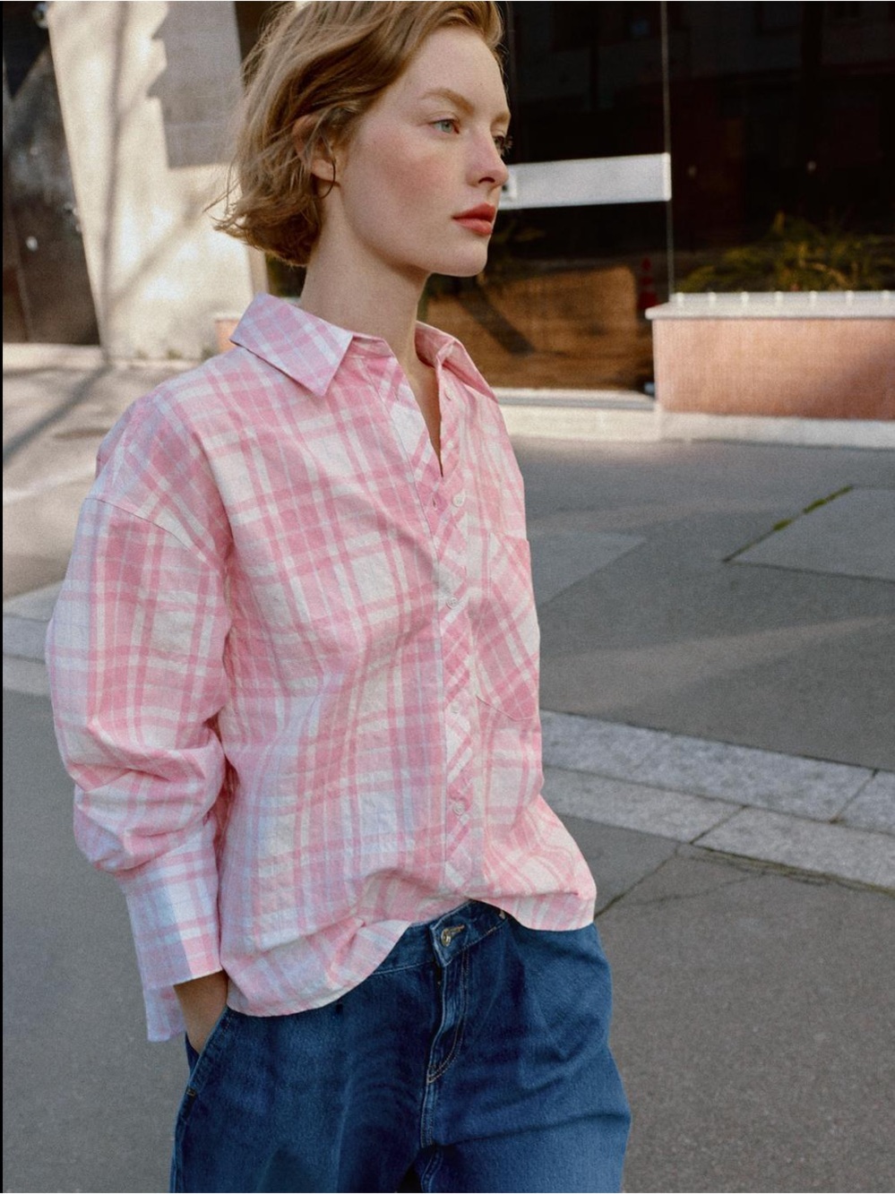ZARA, PINK, OVERSIZED PLAID SHIRT, SIZE M